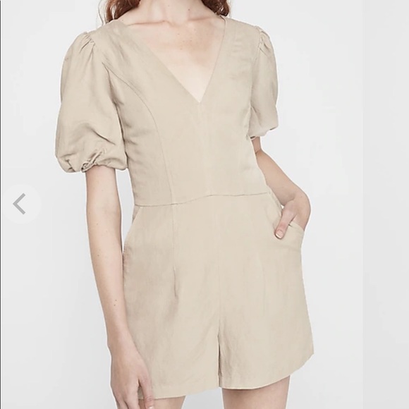 Express Linen-Blend Puff Sleeve Romper SZ XS - Picture 2 of 5